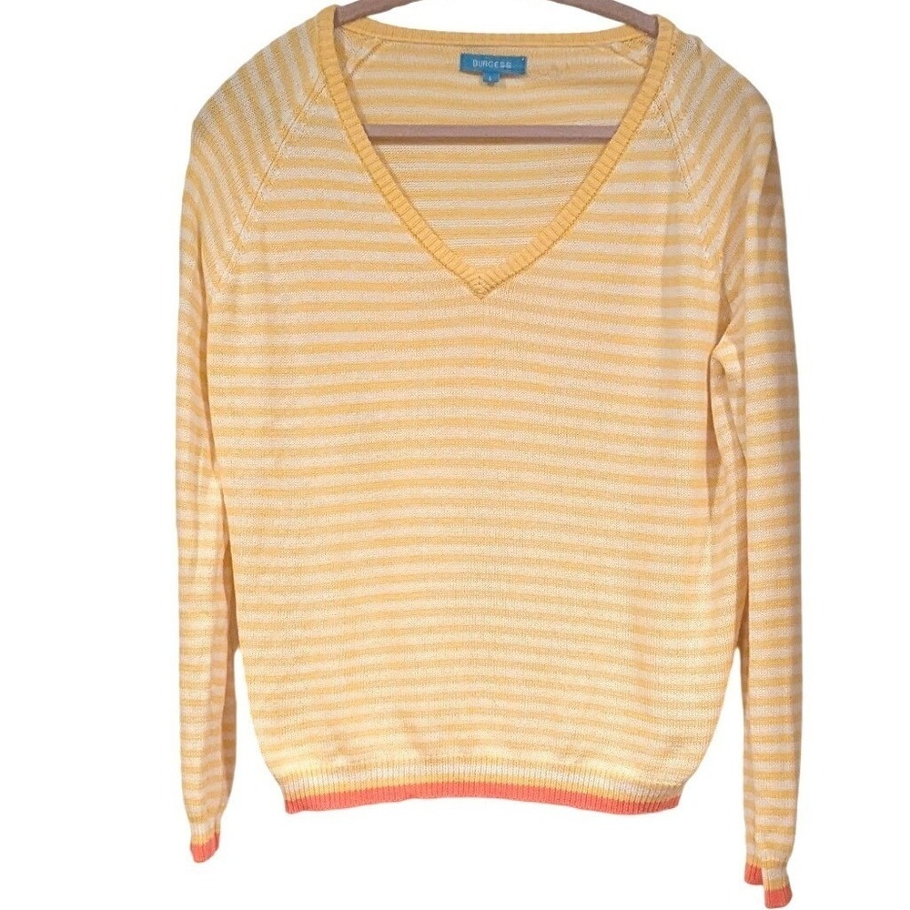 Burgess Women's Striped V-Neck Sweater Knit Top Yellow/White Size L